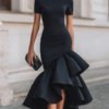 Asymmetrical Ruffle Hem Tailored Midi Dress