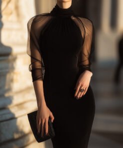 Sheer-Sleeve High-Neck Cocktail Dress