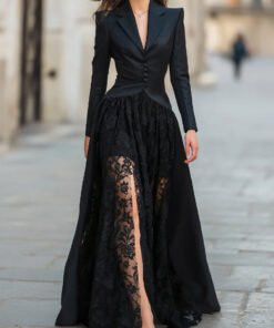 Elegant Tailored Blazer Panel Lace Gown Set