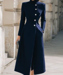 Elegant Navy Stand - Collar Maxi Coat