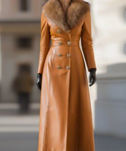 Caramel Leather Double-Breasted Coat With Fur Collar