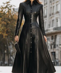 Edgy Black Faux Leather Midi Shirt Dress