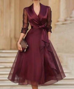Elegant Wrap Midi Dress With Sheer Sleeves