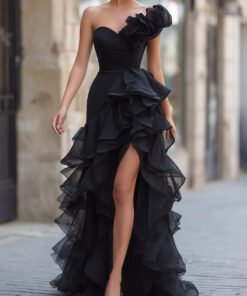 Black One-Shoulder Ruffled Evening Gown With Front Slit