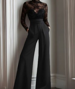 Black Lace Illusion Bodice Wide-Leg Evening Jumpsuit