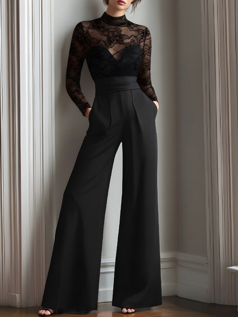 Black Lace Illusion Bodice Wide-Leg Evening Jumpsuit