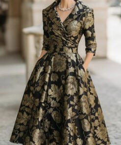 Mooyius Black & Gold Jacquard Floral Midi Dress