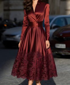 Burgundy Satin Belted Midi Dress With Lace Hem