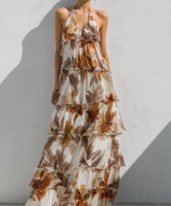 Floral Halter Tiered Maxi Dress With Soft Ruffle Layers