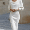 White Draped Batwing Midi Dress