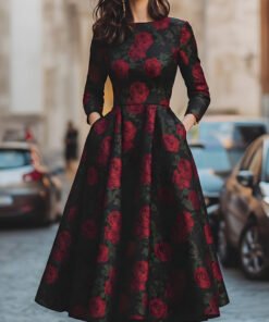 Elegant Jacquard Rose Print Midi Dress
