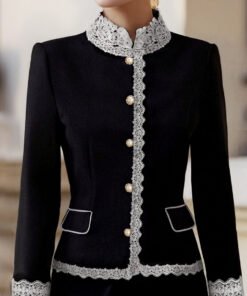 Elegant Pearl Button Blazer With Contrast Lace Trim