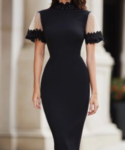 High-Neck Lace Trim Midi Dress With Sheer Short Sleeves