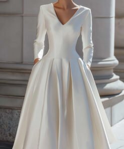 Satin V-Neck Pleated A-Line Midi Dress