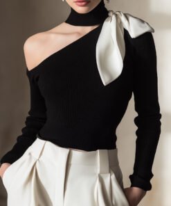 One-Shoulder Knit Top With Contrast Bow Detail