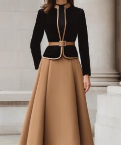 Two-Tone Trim Blazer And A-Line Midi Skirt Set
