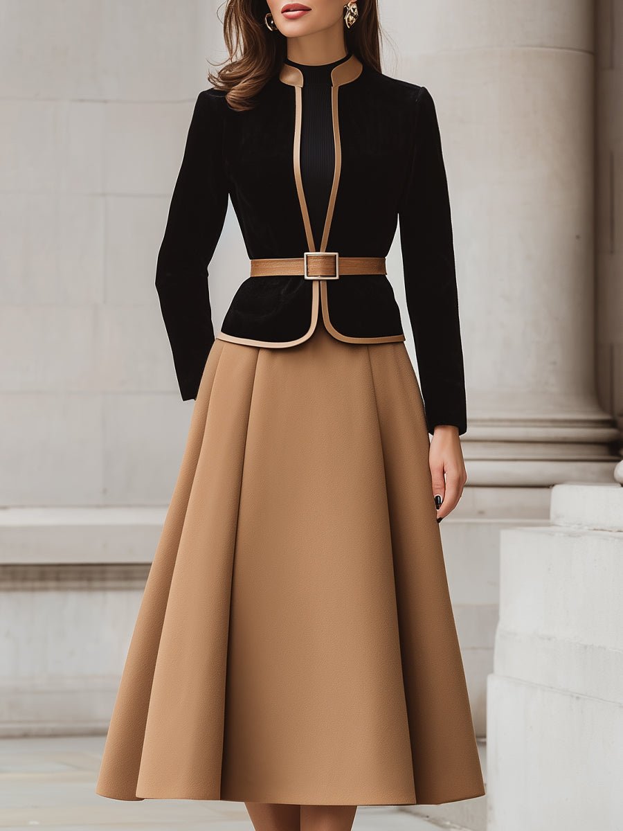Two-Tone Trim Blazer And A-Line Midi Skirt Set