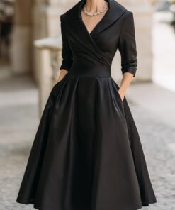 Vintage-Inspired Satin Midi Dress With Draped Collar