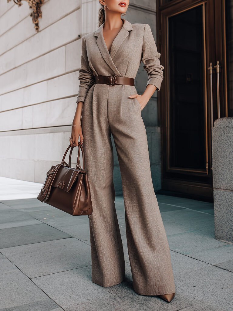 Taupe Belted Blazer Jumpsuit With Wide-Leg Silhouette