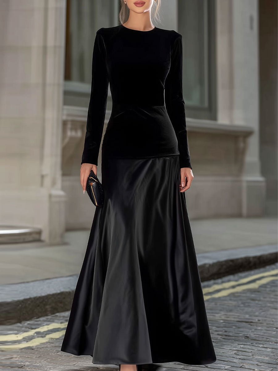 Velvet Satin Long-Sleeve A-Line Evening Gown