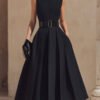 Belted High-Neck Pleated Maxi Dress