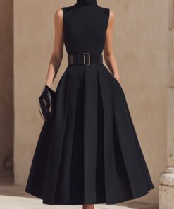 High-Neck Pleated Belted Midi Dress