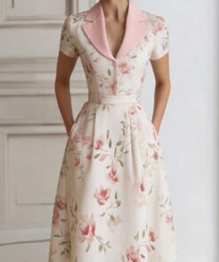 Floral Lapel Short Sleeve Midi Dress With Tailored Waist