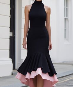 Two-Tone Halter Neck Mermaid Midi Dress With Layered Hem