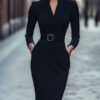 Refined Black Belted Sheath Dress with Mandarin Collar